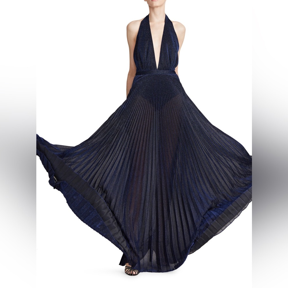 Halston x Netflix Accordion-Pleated Semi-Sheer Metallic Gown Sz 10